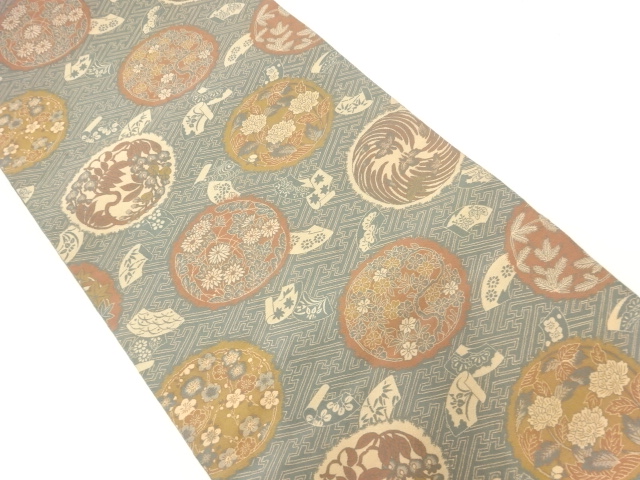 紗綾形に花丸文様織出し全通袋帯